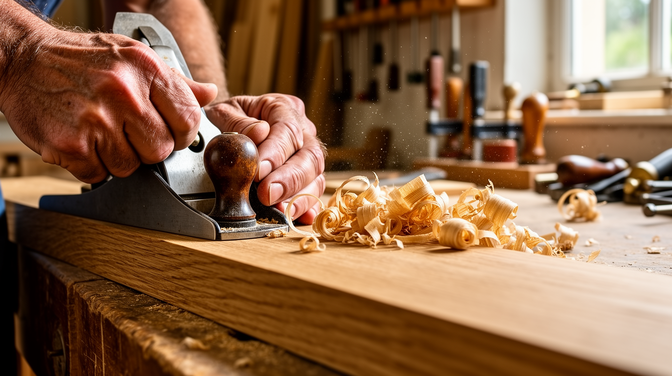 Carpenter hands planing solid oak on a workbench in a British joinery workshop
